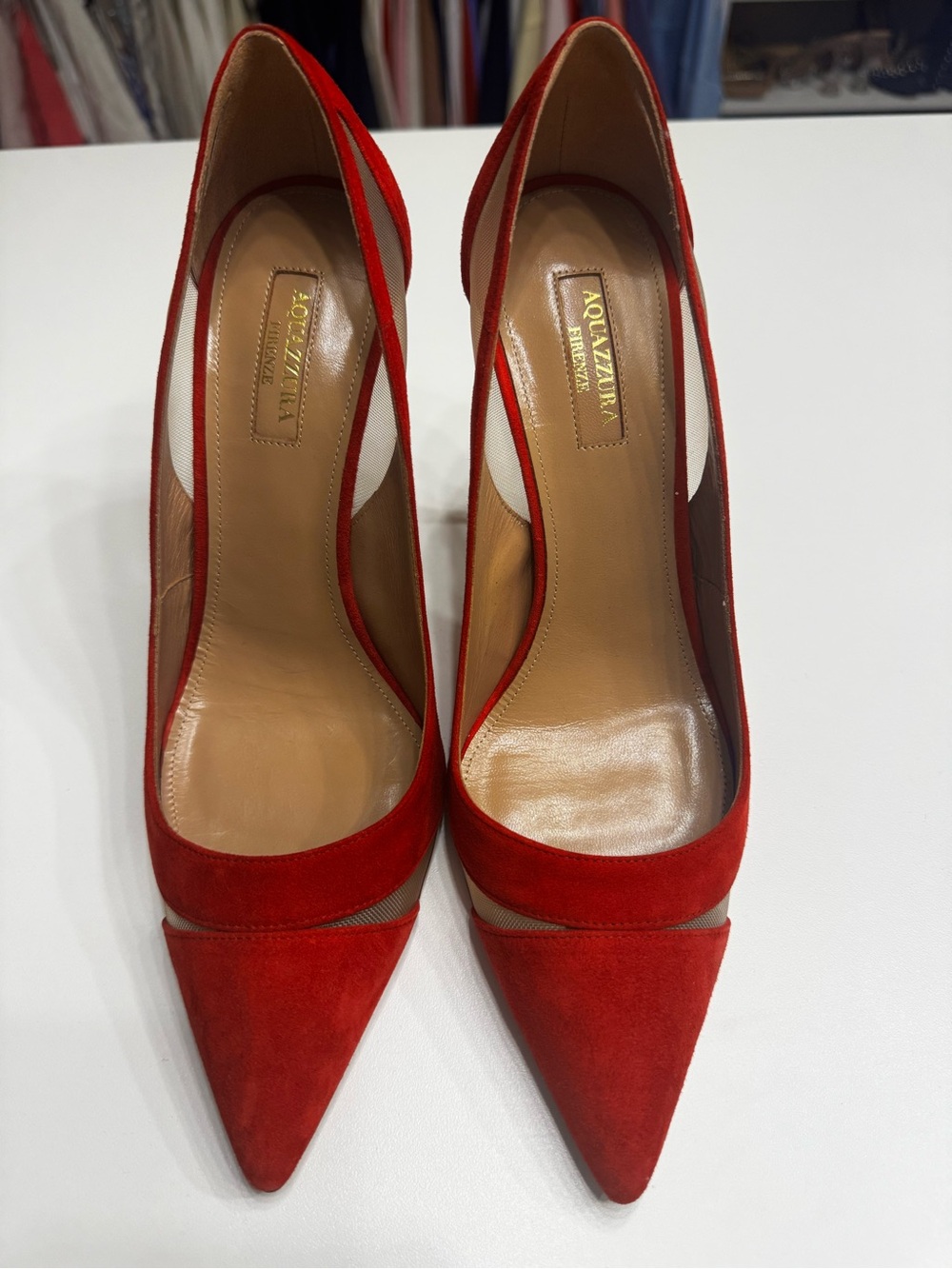 Aquazzura Red Suede Pointed Toe Pumps with Cutout Detail - Picture 5 of 5